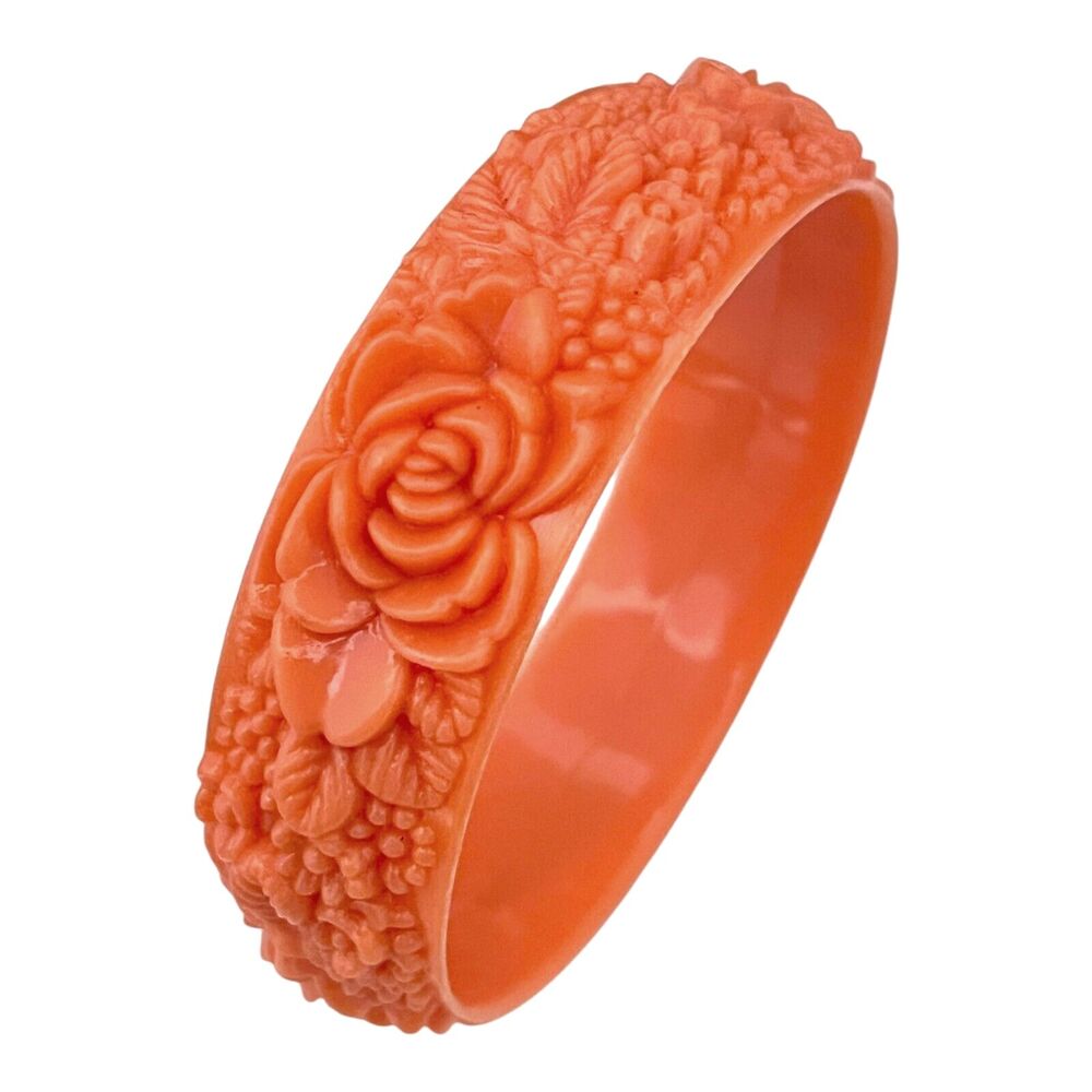 Vintage 1960s Coral Tone Floral Bangle Hong Kong Resin Bracelet - 3L